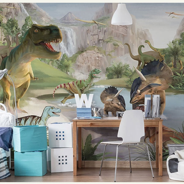 Murales de pared de dinosaurios con escena de habitación de lujo, papel  tapiz, arte generado por ia