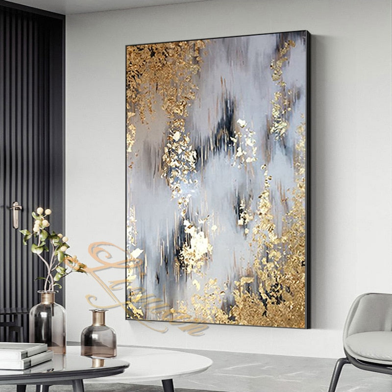 YS-Art Cuadro pintura abstracta hecho a mano en beige con líneas doradas  Aesthetics Decoración de pared salon modern Arte murale con marco 100x50 cm